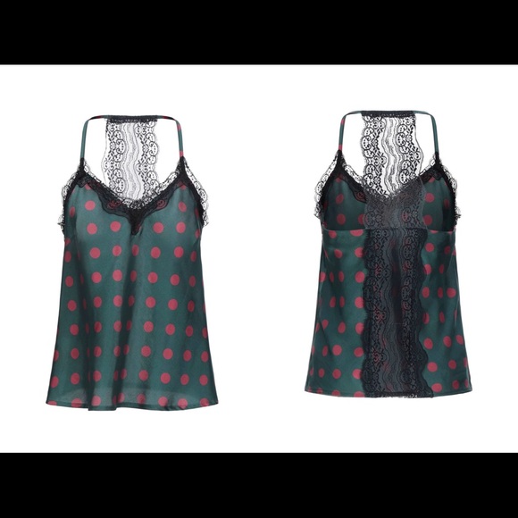 SOUVENIR Slip Lace camisole Top-Green With Red Polka Dots Sz Small - Picture 1 of 6